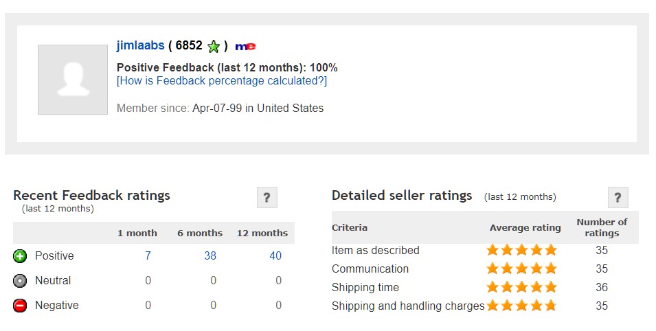 Jim Laabs eBay feedback summary. Click for more detail